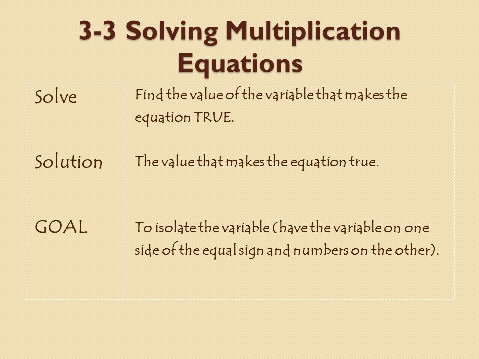 Solve Solution GOAL Find the value of the variable that makes the equation TRUE.