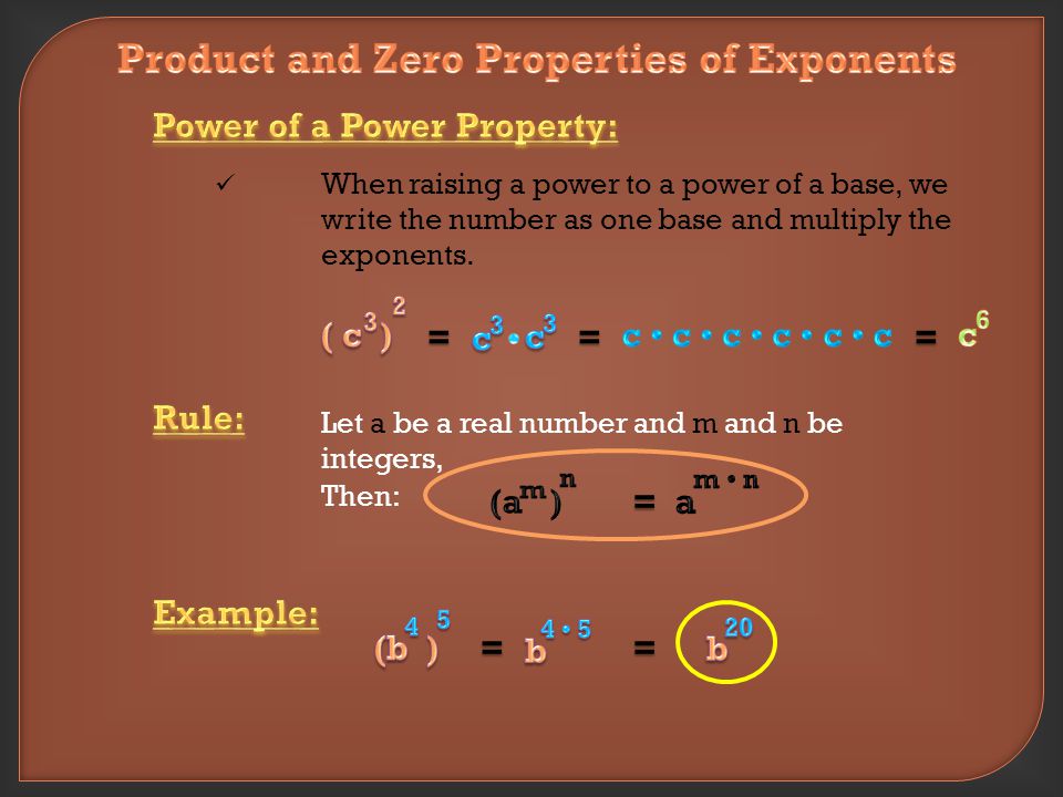 = = When multiplying like bases, we write the number as one base and add the exponents.