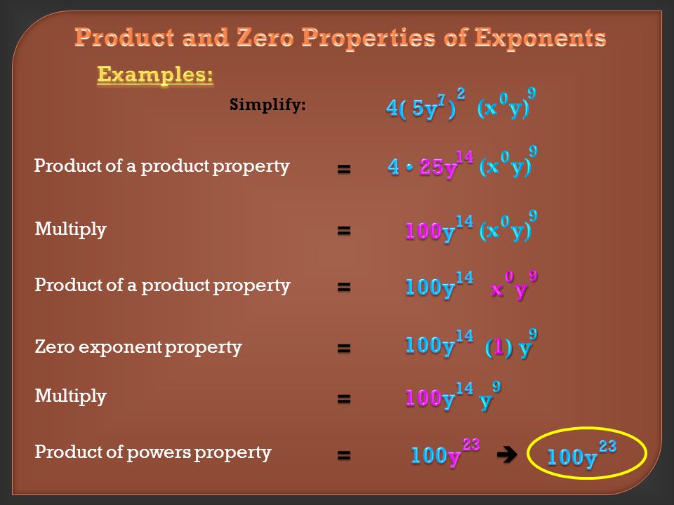 = Simplify: = Power of a power property = Simplify: an d  Power of a power property Power of a product property * A negative in the parentheses is being raised to the power.