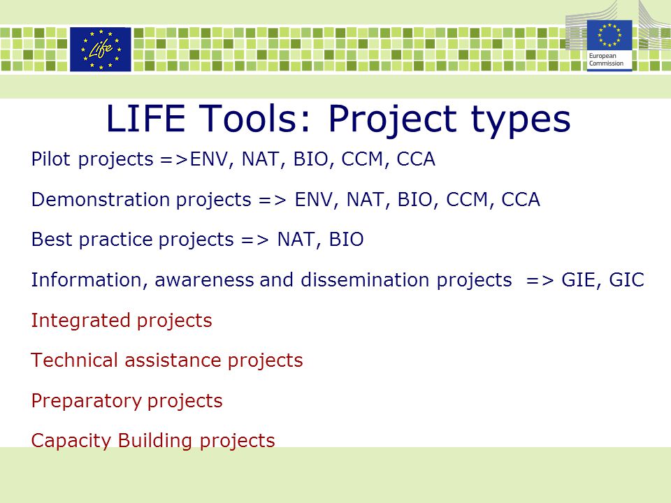 LIFE Tools: Project types Pilot projects =>ENV, NAT, BIO, CCM, CCA Demonstration projects => ENV, NAT, BIO, CCM, CCA Best practice projects => NAT, BIO Information, awareness and dissemination projects => GIE, GIC Integrated projects Technical assistance projects Preparatory projects Capacity Building projects