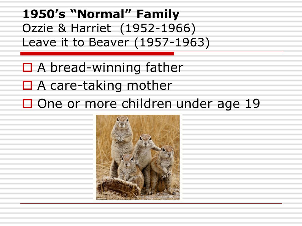 1950’s Normal Family Ozzie & Harriet ( ) Leave it to Beaver ( )  A bread-winning father  A care-taking mother  One or more children under age 19
