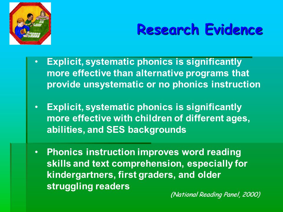 Explicit, systematic phonics is significantly more effective than alternative programs that provide unsystematic or no phonics instruction Explicit, systematic phonics is significantly more effective with children of different ages, abilities, and SES backgrounds Phonics instruction improves word reading skills and text comprehension, especially for kindergartners, first graders, and older struggling readers Research Evidence (National Reading Panel, 2000)