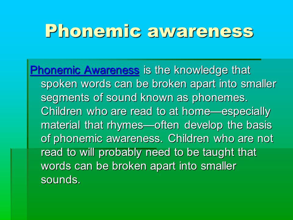 Phonemic awareness Phonemic Awareness is the knowledge that spoken words can be broken apart into smaller segments of sound known as phonemes.