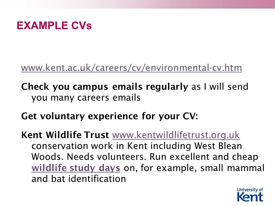 EXAMPLE CVs   Check you campus  s regularly as I will send you many careers  s Get voluntary experience for your CV: Kent Wildlife Trust   conservation work in Kent including West Blean Woods.