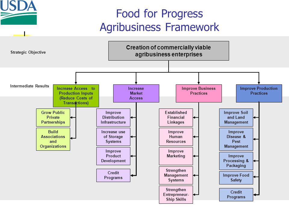 Food for Progress Agribusiness Framework Creation of commercially viable agribusiness enterprises Increase Access to Production Inputs (Reduce Costs of Transactions) Improve Business Practices Improve Production Practices Increase Market Access Improve Human Resources Improve Marketing Established Financial Linkages Strengthen Entrepreneur- Ship Skills Improve Food Safety Improve Processing & Packaging Improve Disease & Pest Management Improve Soil and Land Management Increase use of Storage Systems Improve Distribution Infrastructure Grow Public Private Partnerships Build Associations and Organizations Improve Product Development Strengthen Management Systems Strategic Objective Intermediate Results Credit Programs