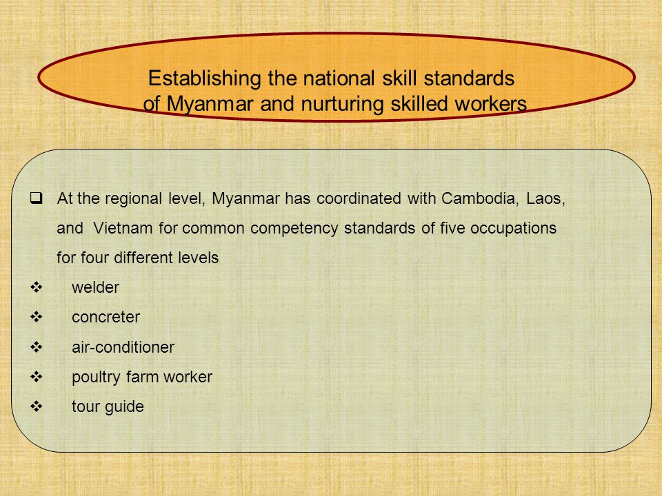  At the regional level, Myanmar has coordinated with Cambodia, Laos, and Vietnam for common competency standards of five occupations for four different levels  welder  concreter  air-conditioner  poultry farm worker  tour guide Establishing the national skill standards of Myanmar and nurturing skilled workers