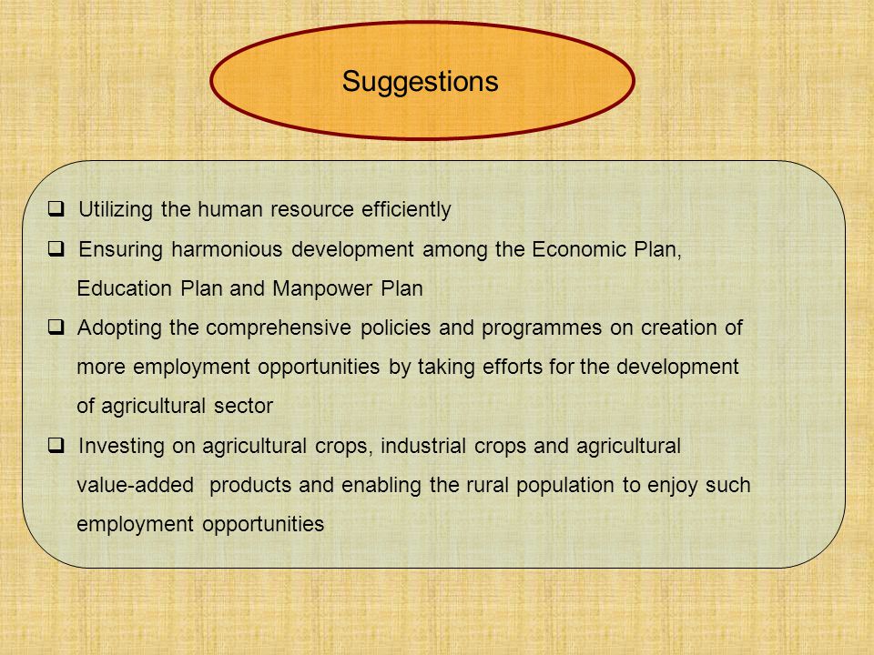  Utilizing the human resource efficiently  Ensuring harmonious development among the Economic Plan, Education Plan and Manpower Plan  Adopting the comprehensive policies and programmes on creation of more employment opportunities by taking efforts for the development of agricultural sector  Investing on agricultural crops, industrial crops and agricultural value-added products and enabling the rural population to enjoy such employment opportunities Suggestions