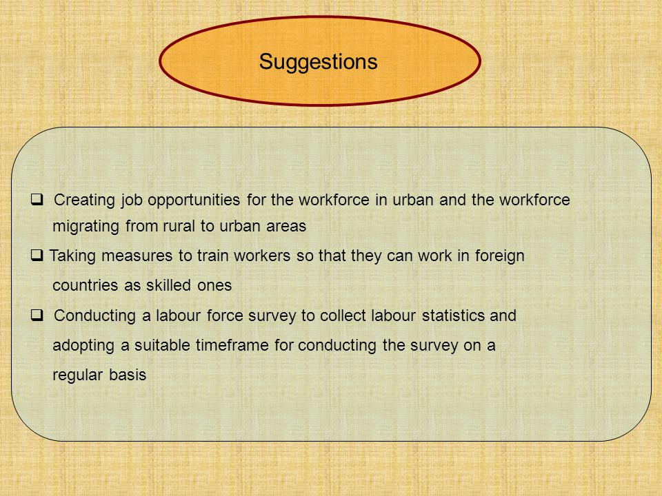  Creating job opportunities for the workforce in urban and the workforce migrating from rural to urban areas  Taking measures to train workers so that they can work in foreign countries as skilled ones  Conducting a labour force survey to collect labour statistics and adopting a suitable timeframe for conducting the survey on a regular basis Suggestions