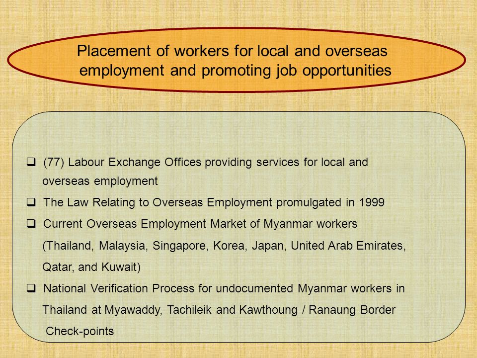  (77) Labour Exchange Offices providing services for local and overseas employment  The Law Relating to Overseas Employment promulgated in 1999  Current Overseas Employment Market of Myanmar workers (Thailand, Malaysia, Singapore, Korea, Japan, United Arab Emirates, Qatar, and Kuwait)  National Verification Process for undocumented Myanmar workers in Thailand at Myawaddy, Tachileik and Kawthoung / Ranaung Border Check-points Placement of workers for local and overseas employment and promoting job opportunities