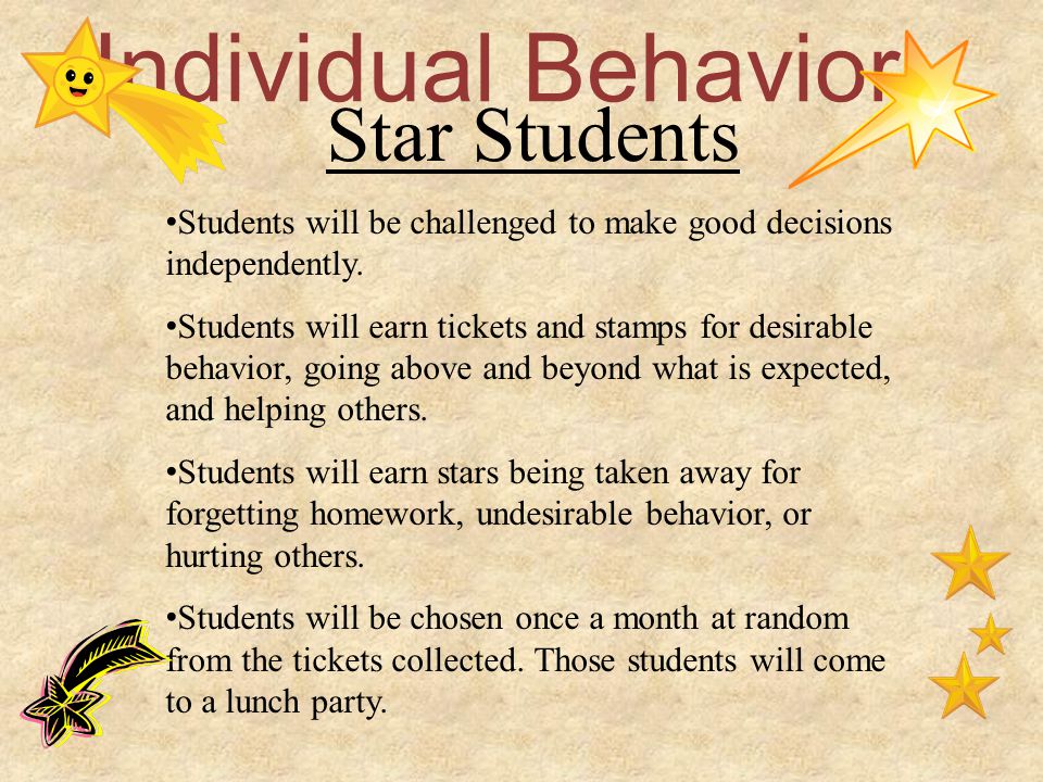 Individual Behavior Star Students Students will be challenged to make good decisions independently.