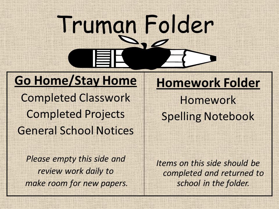 Truman Folder Go Home/Stay Home Completed Classwork Completed Projects General School Notices Please empty this side and review work daily to make room for new papers.