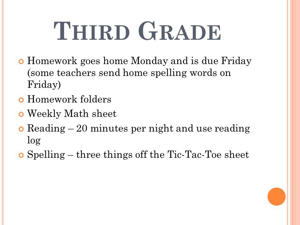 T HIRD G RADE Homework goes home Monday and is due Friday (some teachers send home spelling words on Friday) Homework folders Weekly Math sheet Reading – 20 minutes per night and use reading log Spelling – three things off the Tic-Tac-Toe sheet