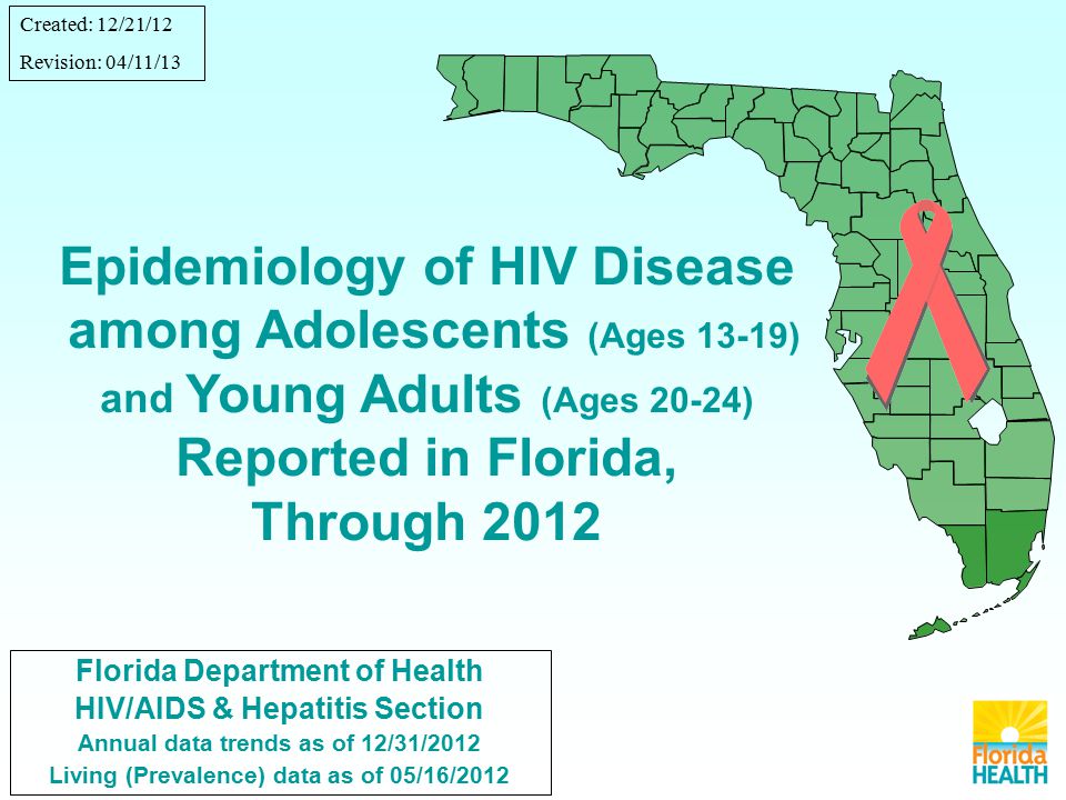 Florida Department of Health HIV/AIDS & Hepatitis Section Annual data trends as of 12/31/2012 Living (Prevalence) data as of 05/16/2012 Epidemiology of HIV Disease among Adolescents (Ages 13-19) and Young Adults (Ages 20-24) Reported in Florida, Through 2012 Created: 12/21/12 Revision: 04/11/13