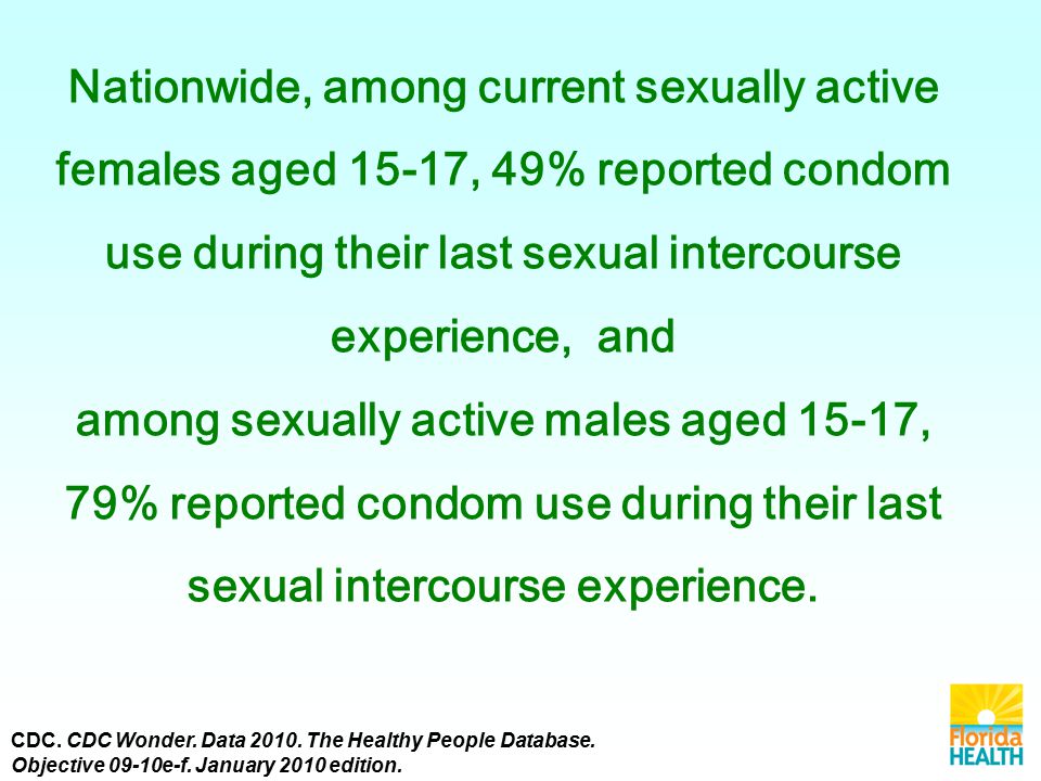 Nationwide, among current sexually active females aged 15-17, 49% reported condom use during their last sexual intercourse experience, and among sexually active males aged 15-17, 79% reported condom use during their last sexual intercourse experience.