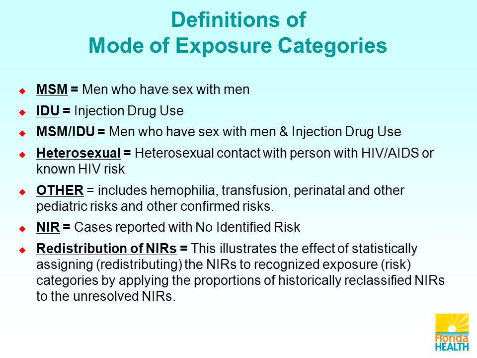 MSM = Men who have sex with men  IDU = Injection Drug Use  MSM/IDU = Men who have sex with men & Injection Drug Use  Heterosexual = Heterosexual contact with person with HIV/AIDS or known HIV risk  OTHER = includes hemophilia, transfusion, perinatal and other pediatric risks and other confirmed risks.