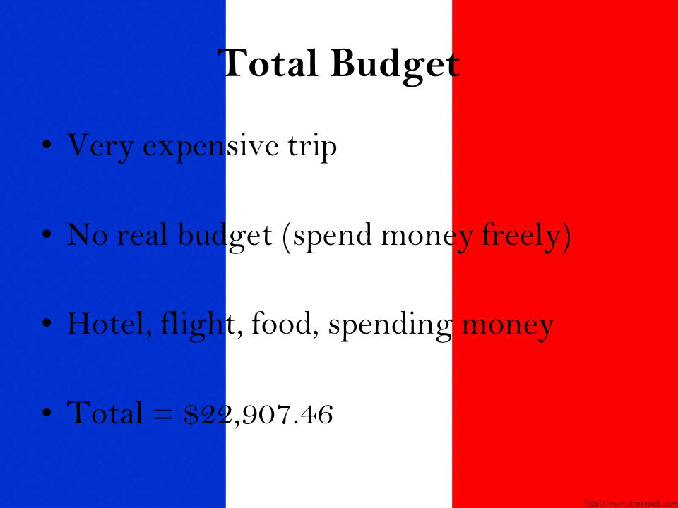 Total Budget Very expensive trip No real budget (spend money freely) Hotel, flight, food, spending money Total = $22,907.46