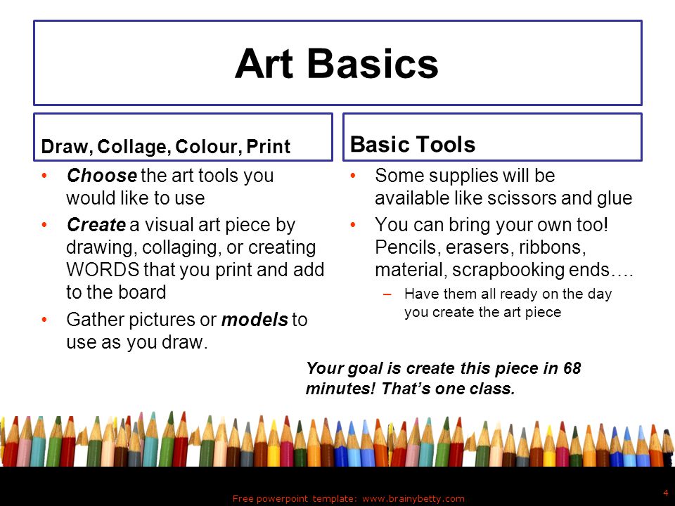 Art Basics Draw, Collage, Colour, Print Choose the art tools you would like to use Create a visual art piece by drawing, collaging, or creating WORDS that you print and add to the board Gather pictures or models to use as you draw.