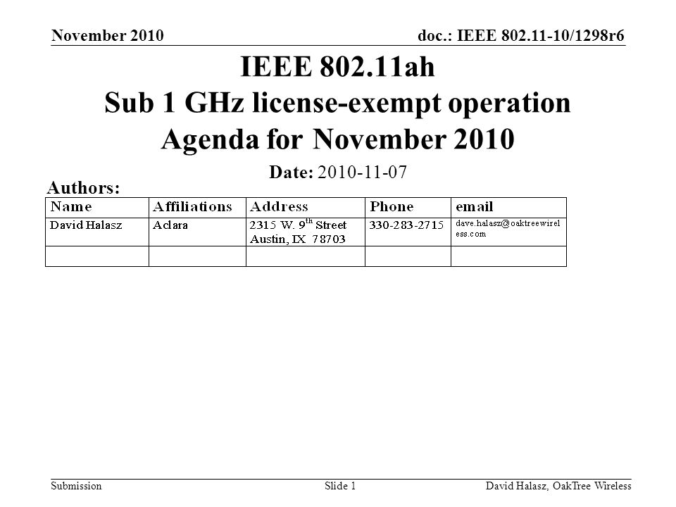 doc.: IEEE /1298r6 Submission November 2010 David Halasz, OakTree WirelessSlide 1 IEEE ah Sub 1 GHz license-exempt operation Agenda for November 2010 Date: Authors: