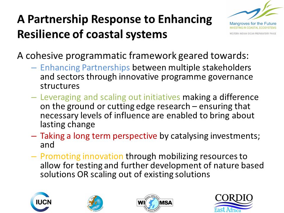 A Partnership Response to Enhancing Resilience of coastal systems A cohesive programmatic framework geared towards: – Enhancing Partnerships between multiple stakeholders and sectors through innovative programme governance structures – Leveraging and scaling out initiatives making a difference on the ground or cutting edge research – ensuring that necessary levels of influence are enabled to bring about lasting change – Taking a long term perspective by catalysing investments; and – Promoting innovation through mobilizing resources to allow for testing and further development of nature based solutions OR scaling out of existing solutions