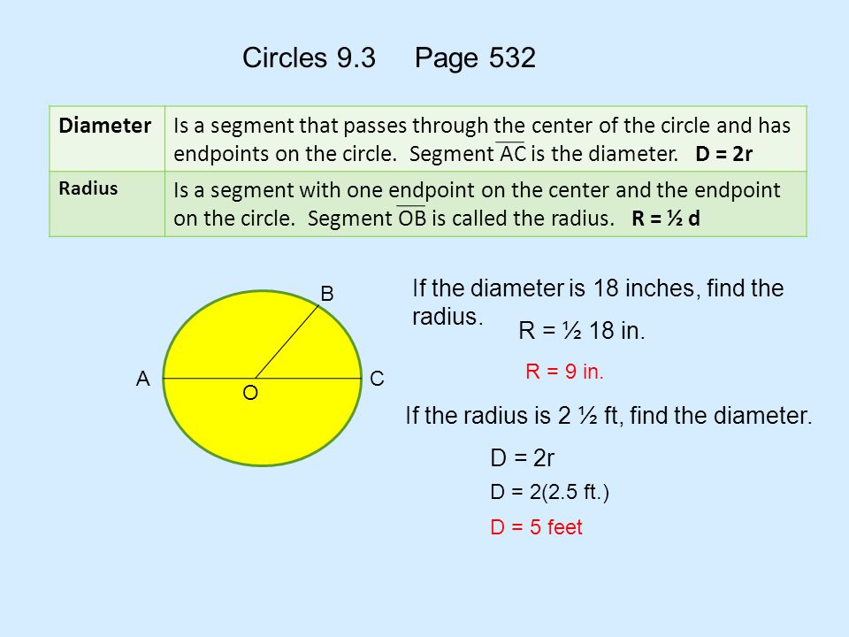 Circles 9.3 Page 532 DiameterIs a segment that passes through the center of the circle and has endpoints on the circle.