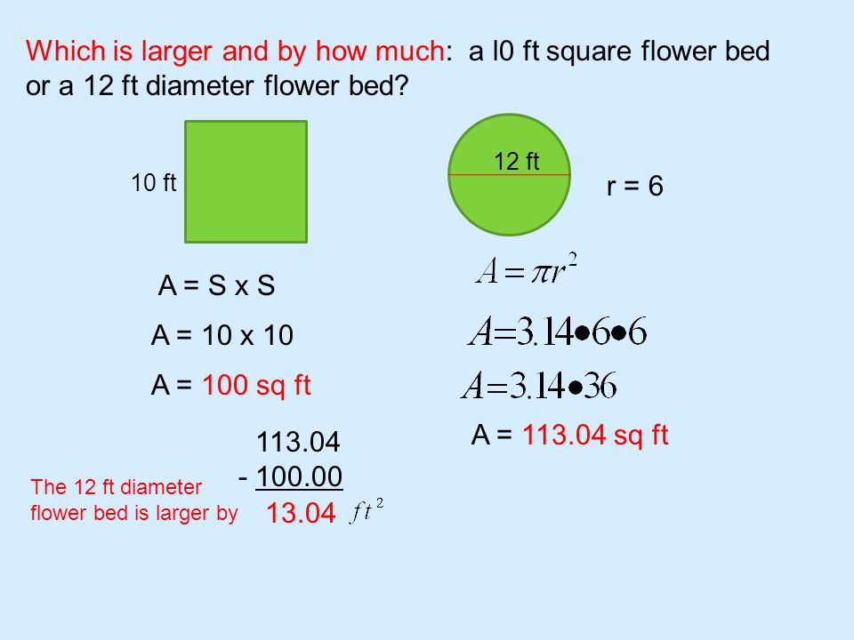 Which is larger and by how much: a l0 ft square flower bed or a 12 ft diameter flower bed.