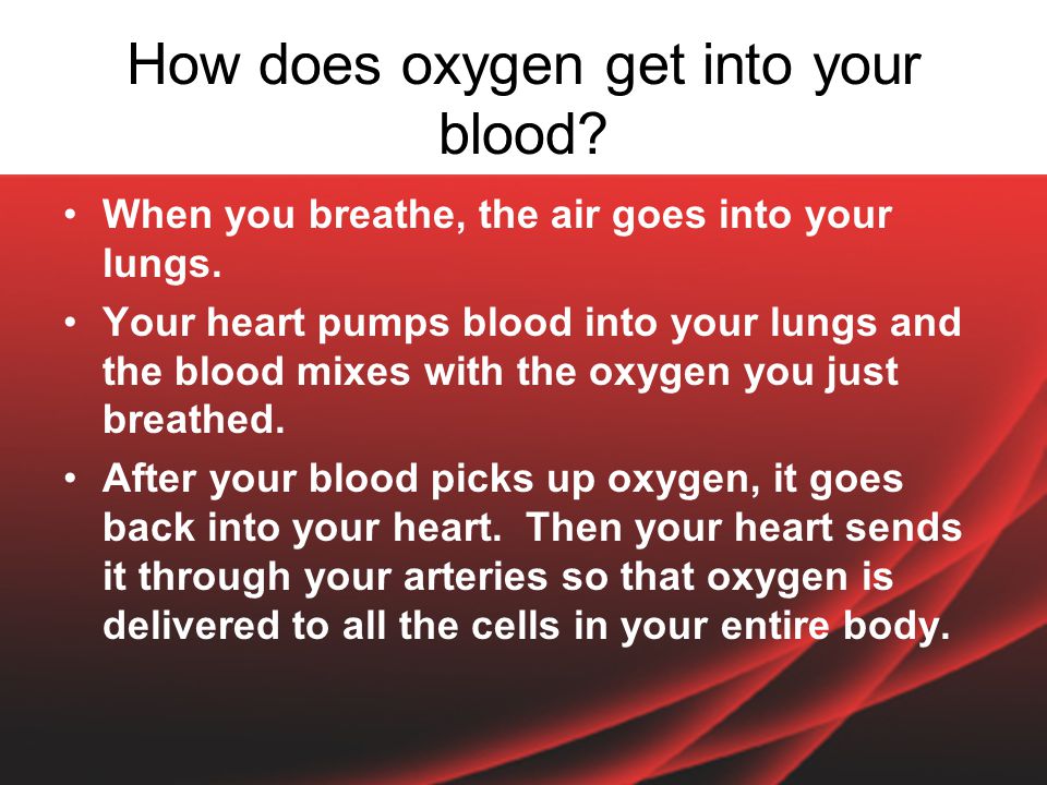 How does oxygen get into your blood. When you breathe, the air goes into your lungs.