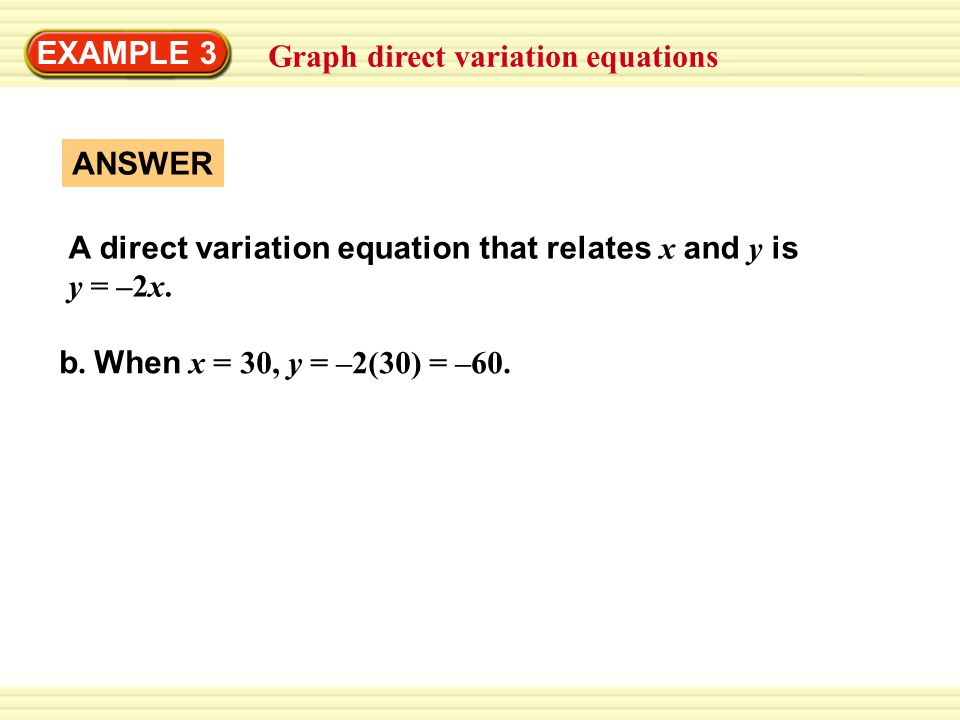 EXAMPLE 3 Graph direct variation equations ANSWER A direct variation equation that relates x and y is y = –2x.