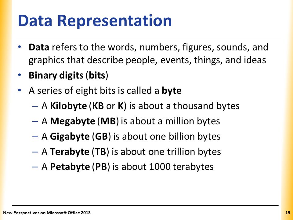 XP Data Representation Data refers to the words, numbers, figures, sounds, and graphics that describe people, events, things, and ideas Binary digits (bits) A series of eight bits is called a byte – A Kilobyte (KB or K) is about a thousand bytes – A Megabyte (MB) is about a million bytes – A Gigabyte (GB) is about one billion bytes – A Terabyte (TB) is about one trillion bytes – A Petabyte (PB) is about 1000 terabytes New Perspectives on Microsoft Office