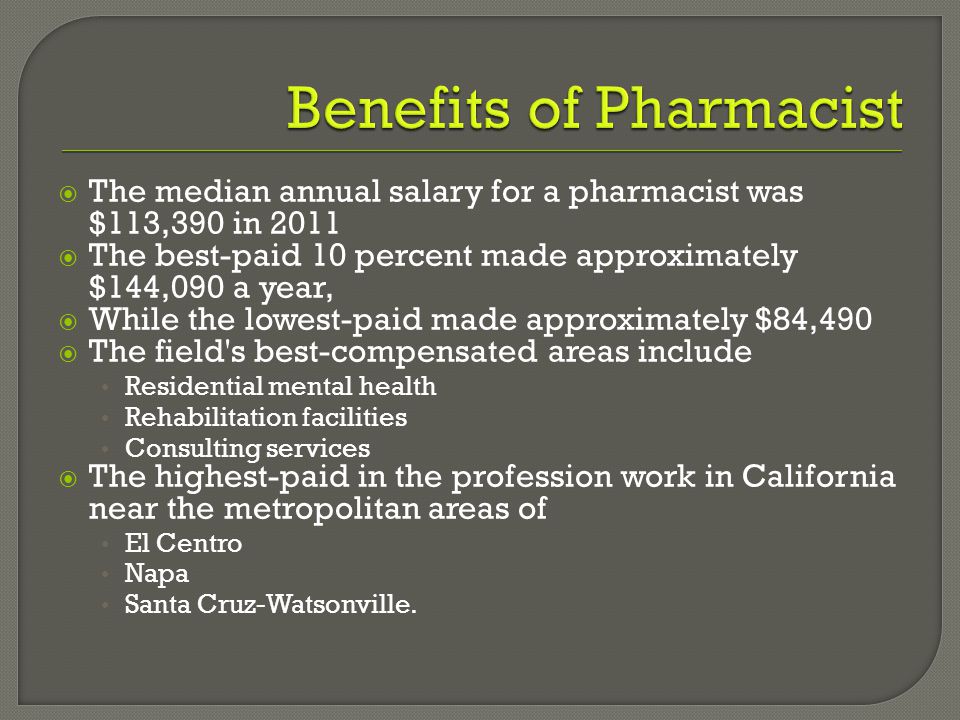  The median annual salary for a pharmacist was $113,390 in 2011  The best-paid 10 percent made approximately $144,090 a year,  While the lowest-paid made approximately $84,490  The field s best-compensated areas include Residential mental health Rehabilitation facilities Consulting services  The highest-paid in the profession work in California near the metropolitan areas of El Centro Napa Santa Cruz-Watsonville.