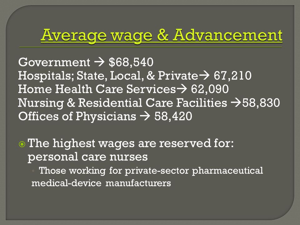 Government  $68,540 Hospitals; State, Local, & Private  67,210 Home Health Care Services  62,090 Nursing & Residential Care Facilities  58,830 Offices of Physicians  58,420  The highest wages are reserved for: personal care nurses Those working for private-sector pharmaceutical medical-device manufacturers