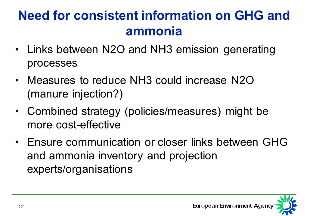 12 Need for consistent information on GHG and ammonia Links between N2O and NH3 emission generating processes Measures to reduce NH3 could increase N2O (manure injection ) Combined strategy (policies/measures) might be more cost-effective Ensure communication or closer links between GHG and ammonia inventory and projection experts/organisations