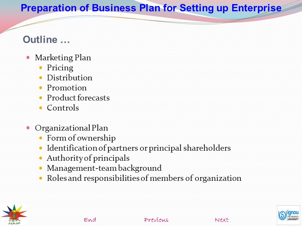 Preparation of Business Plan for Setting up Enterprise Marketing Plan Pricing Distribution Promotion Product forecasts Controls Organizational Plan Form of ownership Identification of partners or principal shareholders Authority of principals Management-team background Roles and responsibilities of members of organization Outline … NextEndPrevious