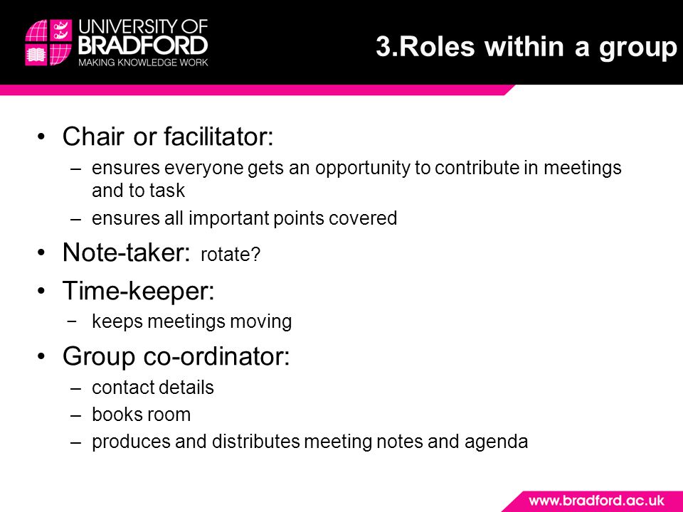 Chair or facilitator: –ensures everyone gets an opportunity to contribute in meetings and to task –ensures all important points covered Note-taker: rotate.