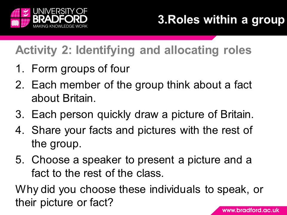 Activity 2: Identifying and allocating roles 1.Form groups of four 2.Each member of the group think about a fact about Britain.
