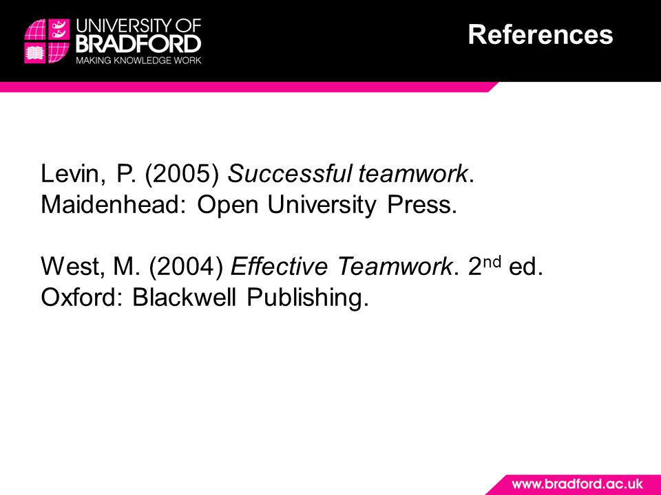 References Levin, P. (2005) Successful teamwork. Maidenhead: Open University Press.