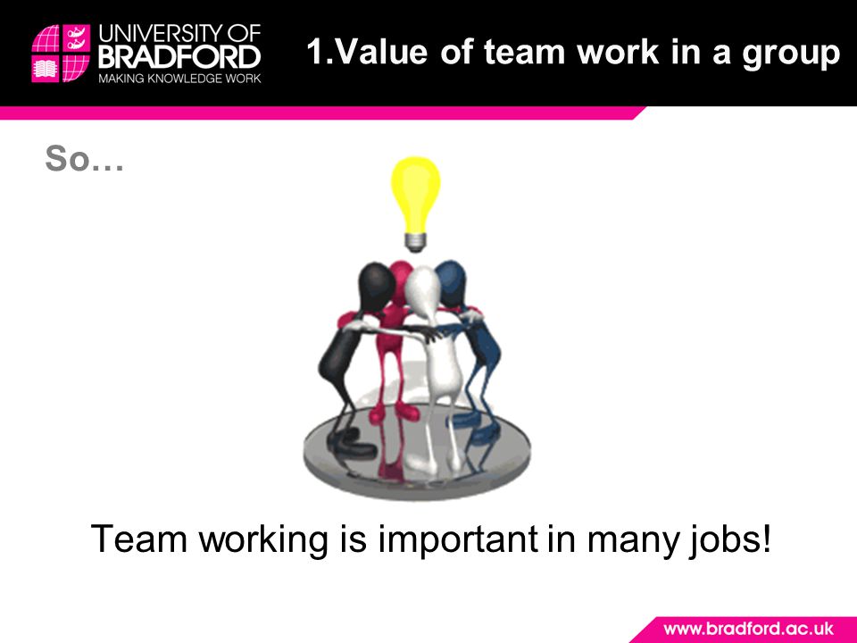 Team working is important in many jobs! So… 1.Value of team work in a group