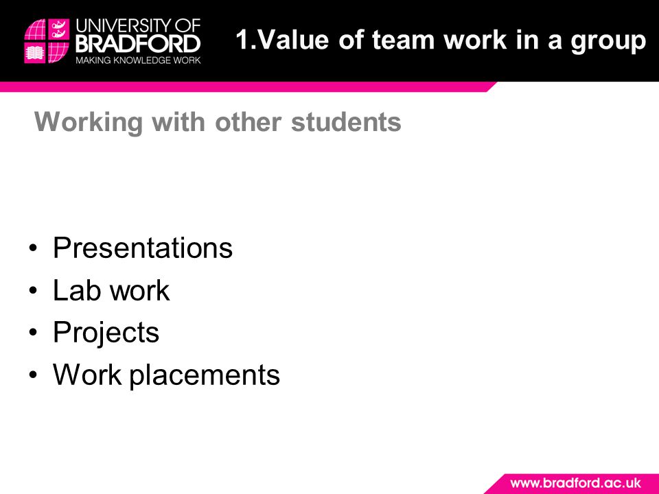 Working with other students 1.Value of team work in a group Presentations Lab work Projects Work placements