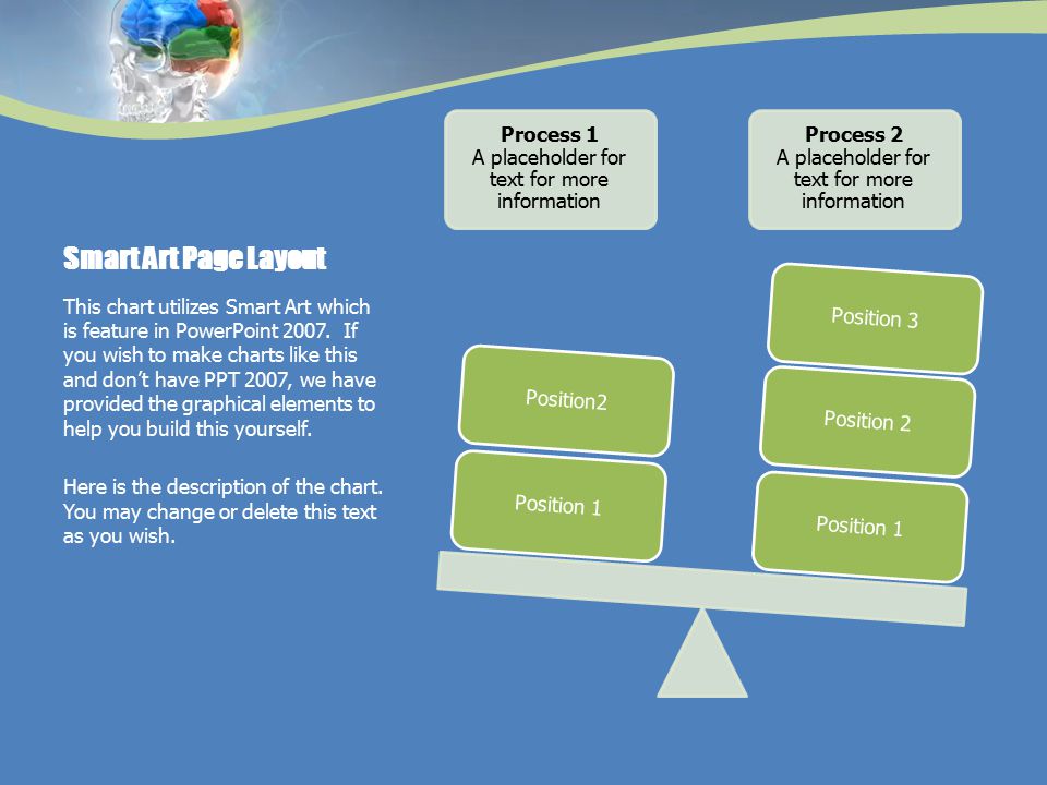 Smart Art Page Layout Process 1 A placeholder for text for more information Process 2 A placeholder for text for more information Position 1Position 2Position 3Position 1Position2 This chart utilizes Smart Art which is feature in PowerPoint 2007.