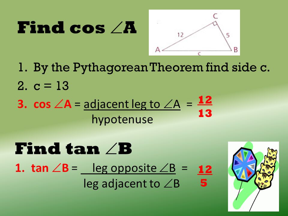 Find cos  A 1.By the Pythagorean Theorem find side c.