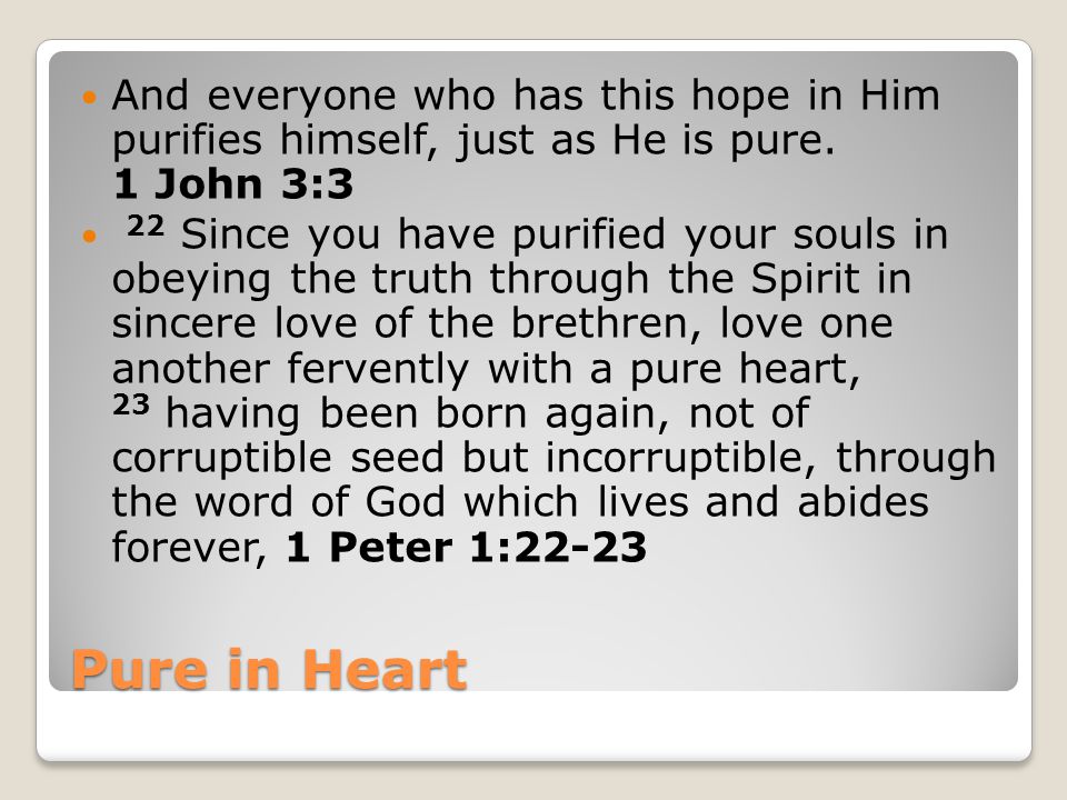 Pure in Heart And everyone who has this hope in Him purifies himself, just as He is pure.