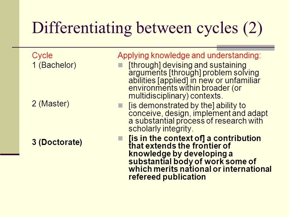 Differentiating between cycles (2) Cycle 1 (Bachelor) 2 (Master) 3 (Doctorate) Applying knowledge and understanding: [through] devising and sustaining arguments [through] problem solving abilities [applied] in new or unfamiliar environments within broader (or multidisciplinary) contexts.