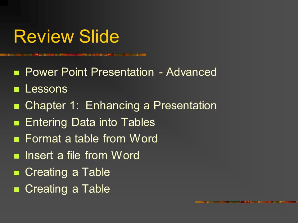 Summary Slides Summary slides are created in slide sorter view Create summary slides to review the entire presentation Select all of the slides – Ctrl + A Click on This will be placed the summary slide at the beginning of the presentation
