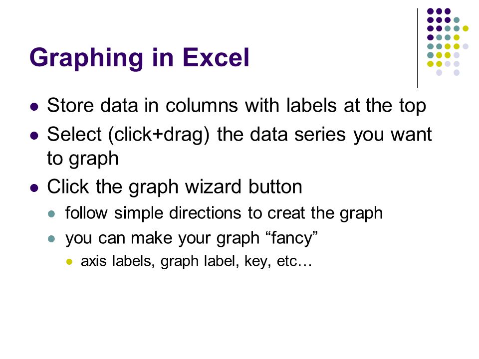 Graphing in Excel Store data in columns with labels at the top Select (click+drag) the data series you want to graph Click the graph wizard button follow simple directions to creat the graph you can make your graph fancy axis labels, graph label, key, etc…