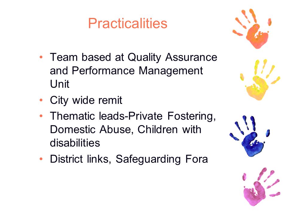 Practicalities Team based at Quality Assurance and Performance Management Unit City wide remit Thematic leads-Private Fostering, Domestic Abuse, Children with disabilities District links, Safeguarding Fora