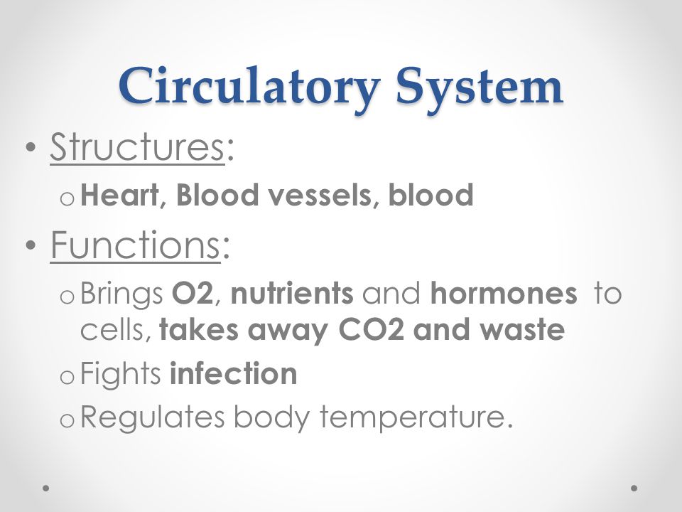 Structures: o Heart, Blood vessels, blood Functions: o Brings O2, nutrients and hormones to cells, takes away CO2 and waste o Fights infection o Regulates body temperature.