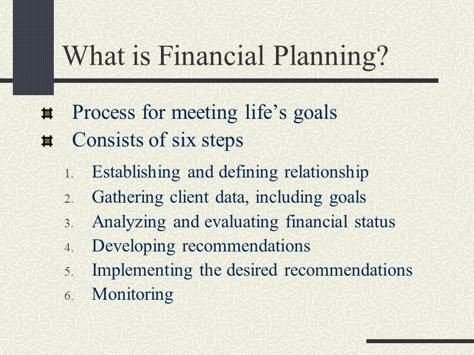 What is Financial Planning. Process for meeting life’s goals Consists of six steps 1.