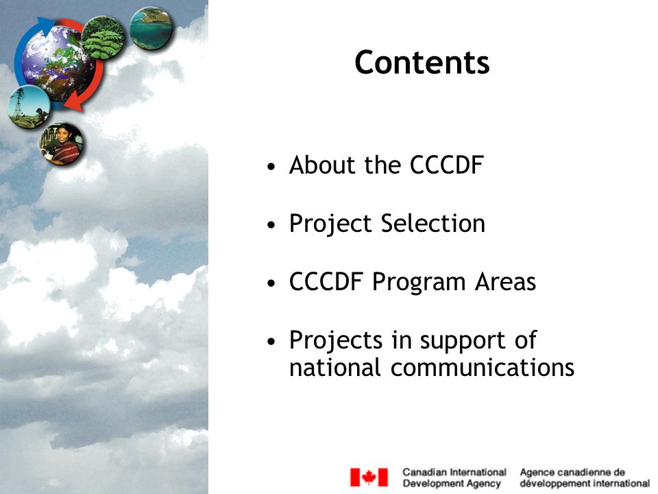 Contents About the CCCDF Project Selection CCCDF Program Areas Projects in support of national communications