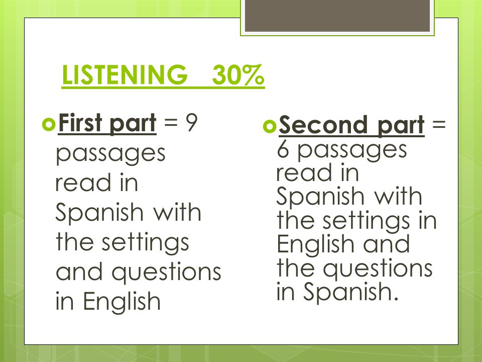 SPEAKING 24%  Composed of 2 situations in which you must speak 6 times each.