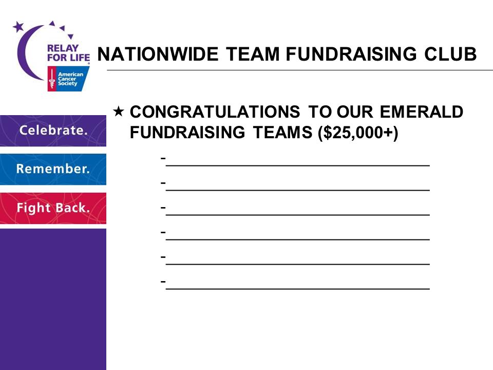  CONGRATULATIONS TO OUR EMERALD FUNDRAISING TEAMS ($25,000+) -____________________________ NATIONWIDE TEAM FUNDRAISING CLUB