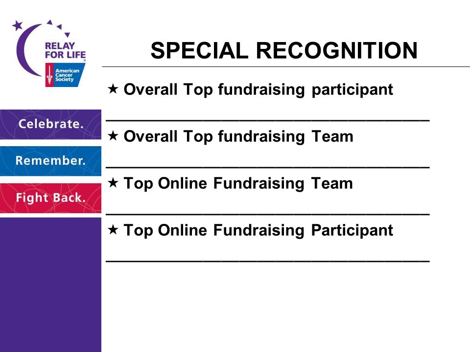 SPECIAL RECOGNITION  Overall Top fundraising participant ____________________________________  Overall Top fundraising Team ____________________________________  Top Online Fundraising Team ____________________________________  Top Online Fundraising Participant ____________________________________ -____________________________